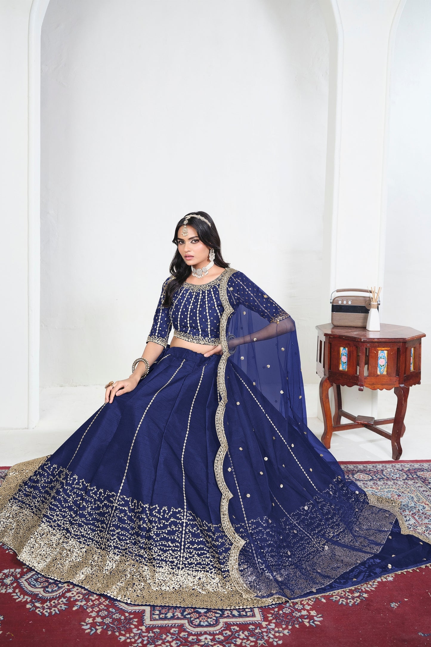 Awesome Navy Blue Art Silk Designer Lehenga Choli Set with Embroidery Work and Dupatta for Wedding