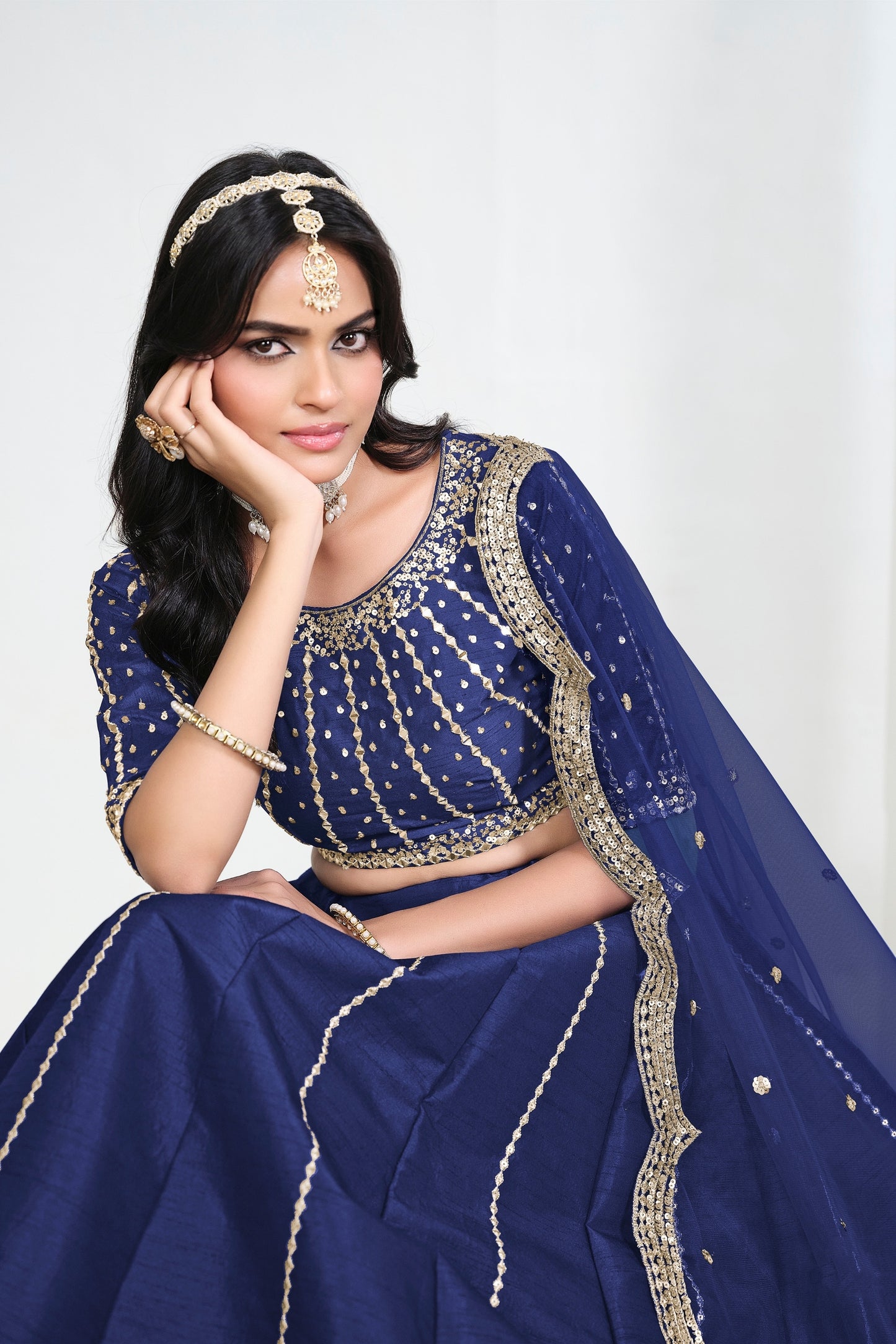 Awesome Navy Blue Art Silk Designer Lehenga Choli Set with Embroidery Work and Dupatta for Wedding