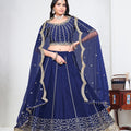 Awesome Navy Blue Art Silk Designer Lehenga Choli Set with Embroidery Work and Dupatta for Wedding