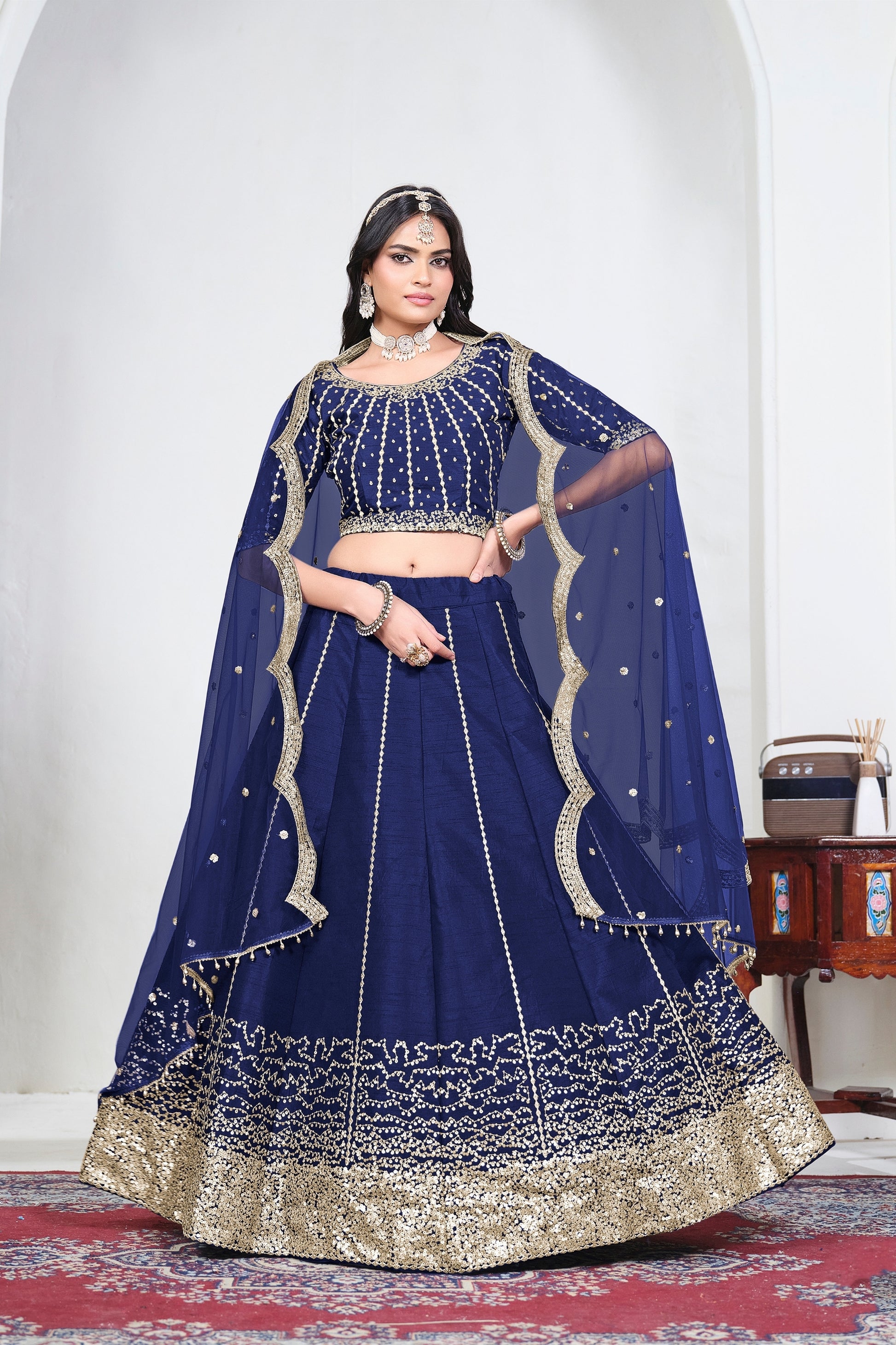 Awesome Navy Blue Art Silk Designer Lehenga Choli Set with Embroidery Work and Dupatta for Wedding