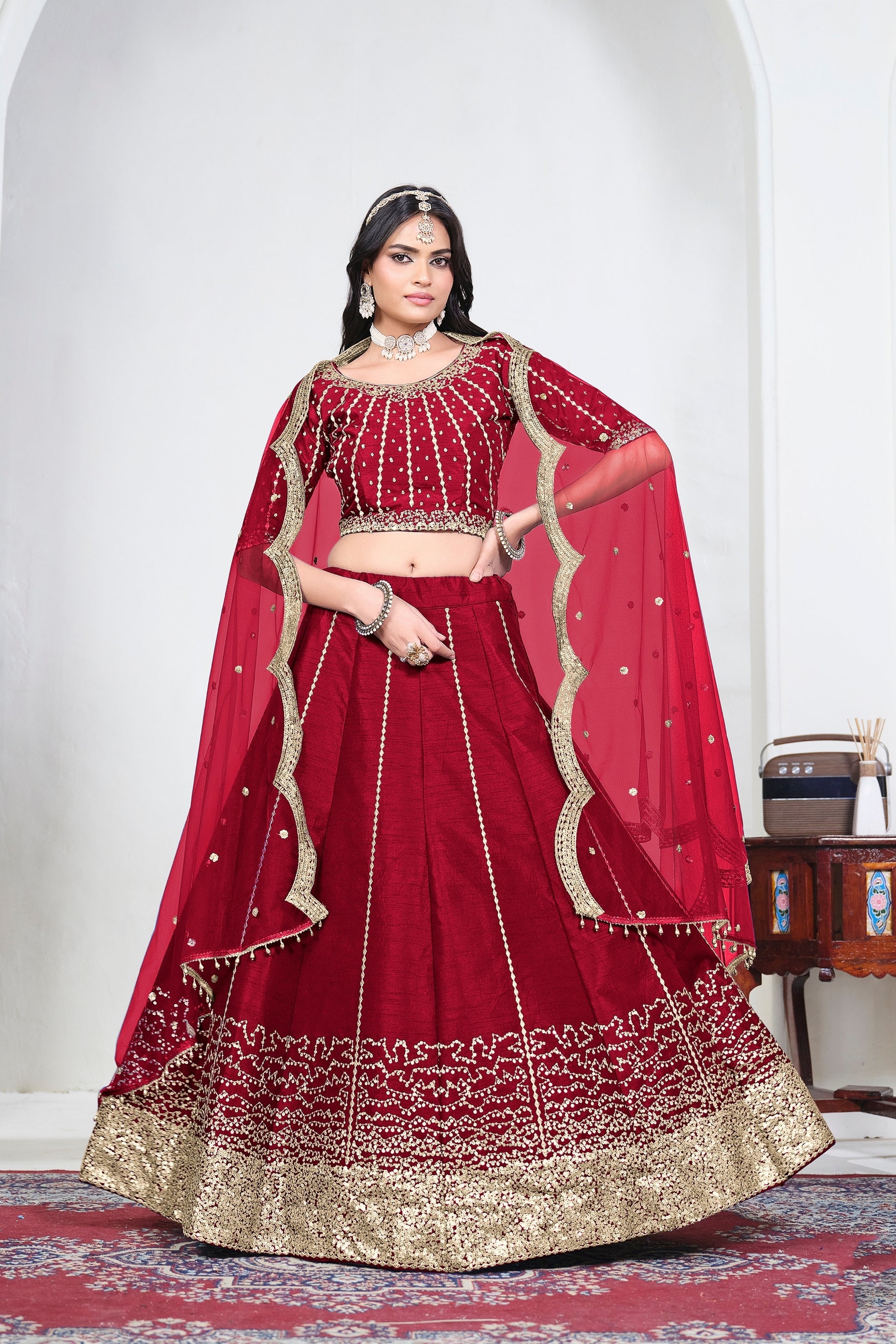 Wonderful Red Art Silk Designer Lehenga Choli Set with Embroidery Work and Dupatta for Wedding
