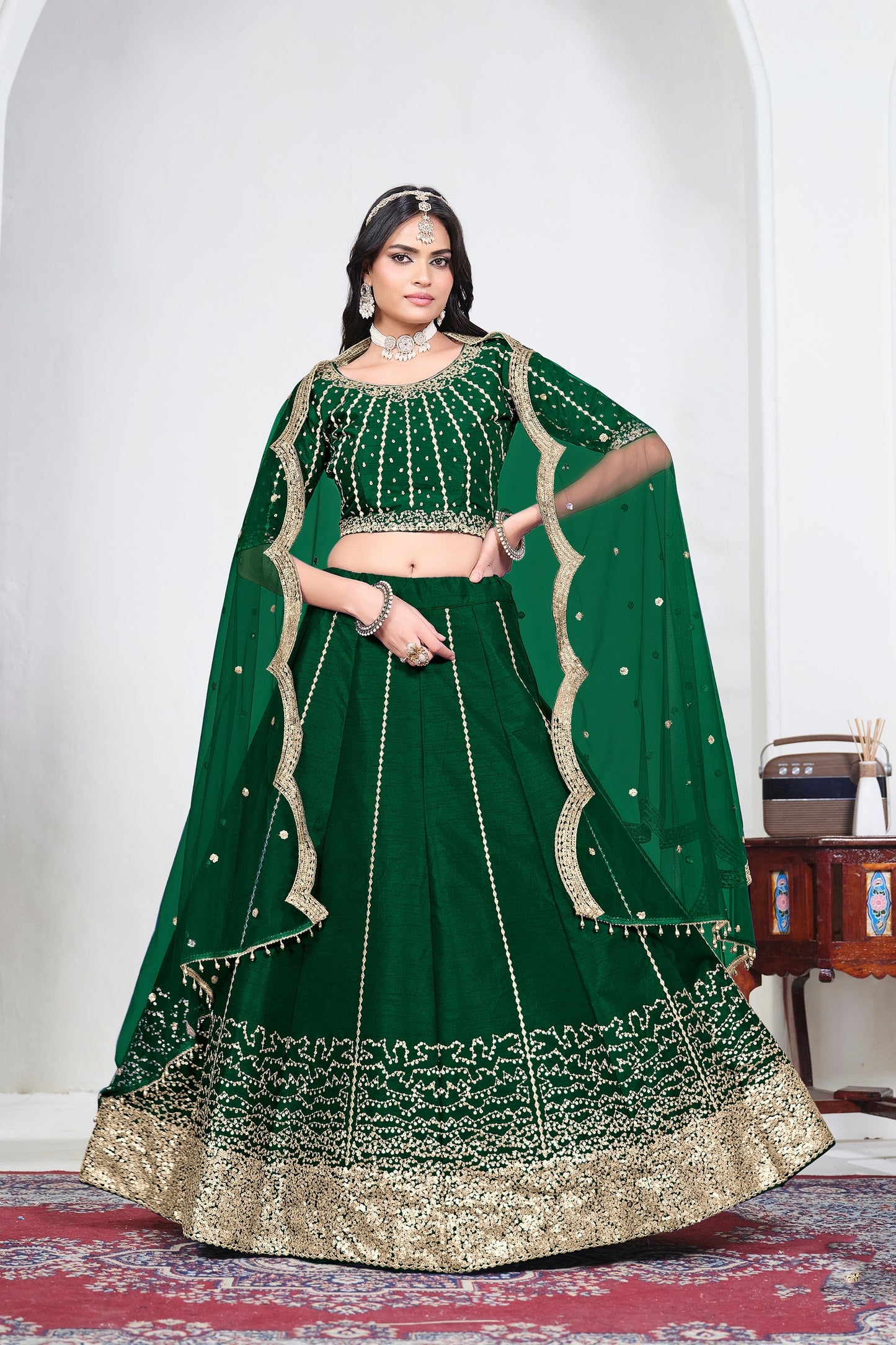 Refreshing Green Art Silk Designer Lehenga Choli Set with Embroidery Work and Dupatta for Wedding