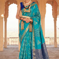 Stunning Teal Blue Soft Silk Woven Saree for Women