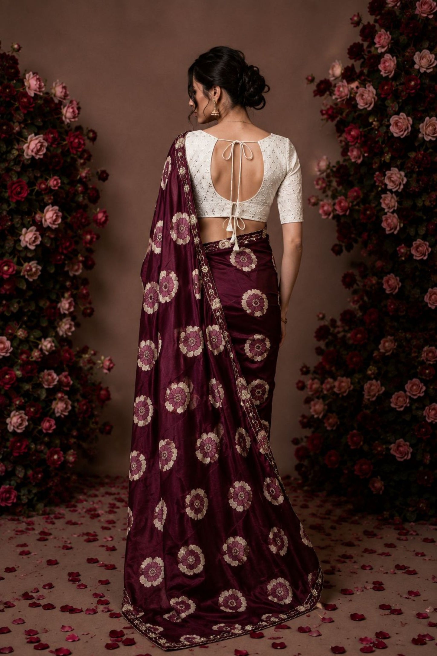 Premium Wine Maroon Chiffon Floral Printed Saree Embroidery Work for Women