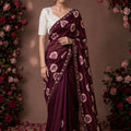 Premium Wine Maroon Chiffon Floral Printed Saree Embroidery Work for Women