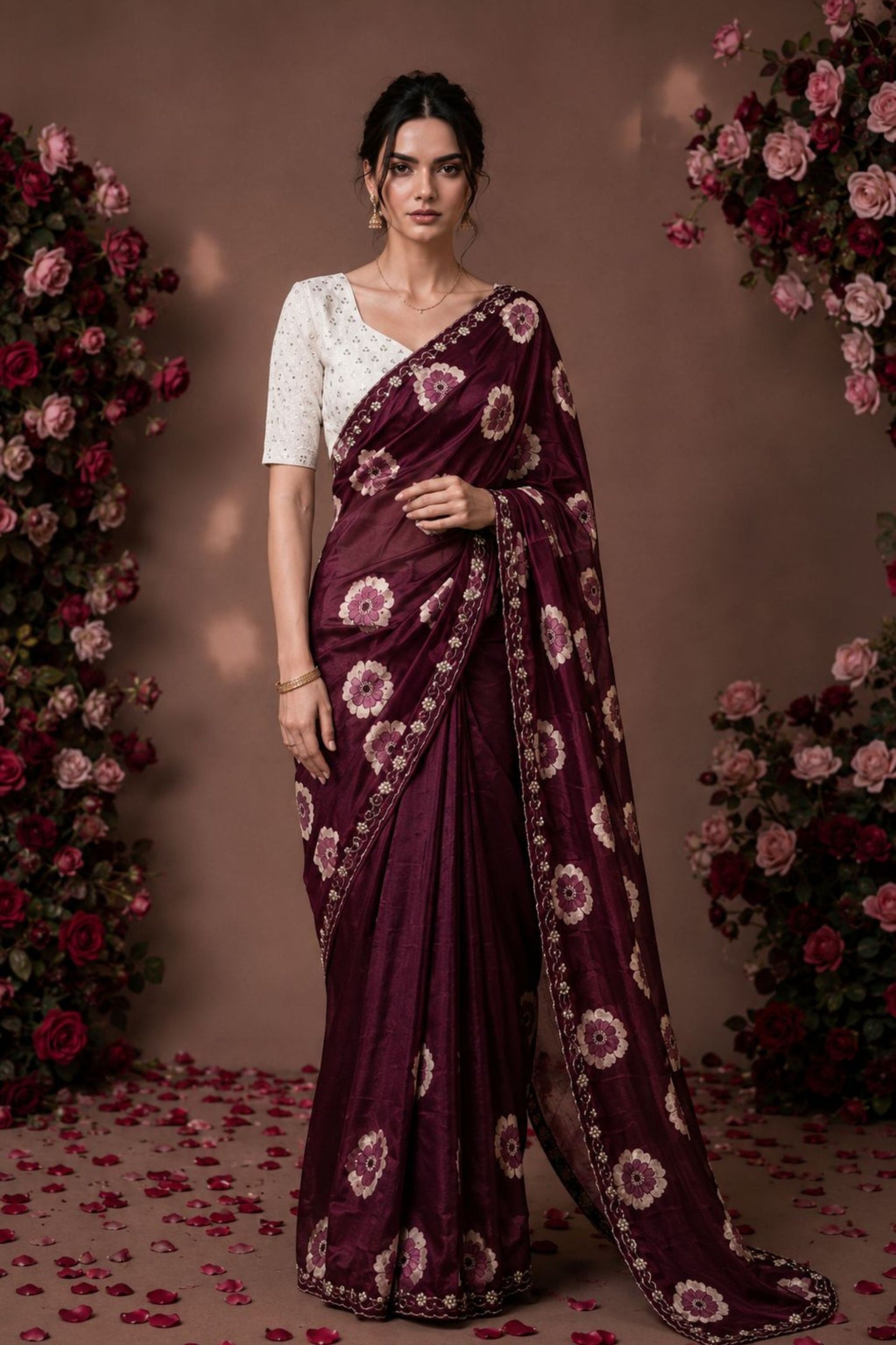 Premium Wine Maroon Chiffon Floral Printed Saree Embroidery Work for Women