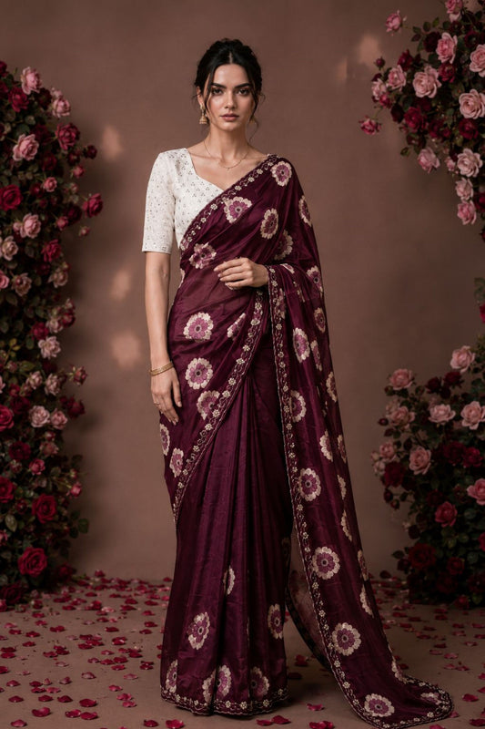 Premium Wine Maroon Chiffon Floral Printed Saree Embroidery Work for Women