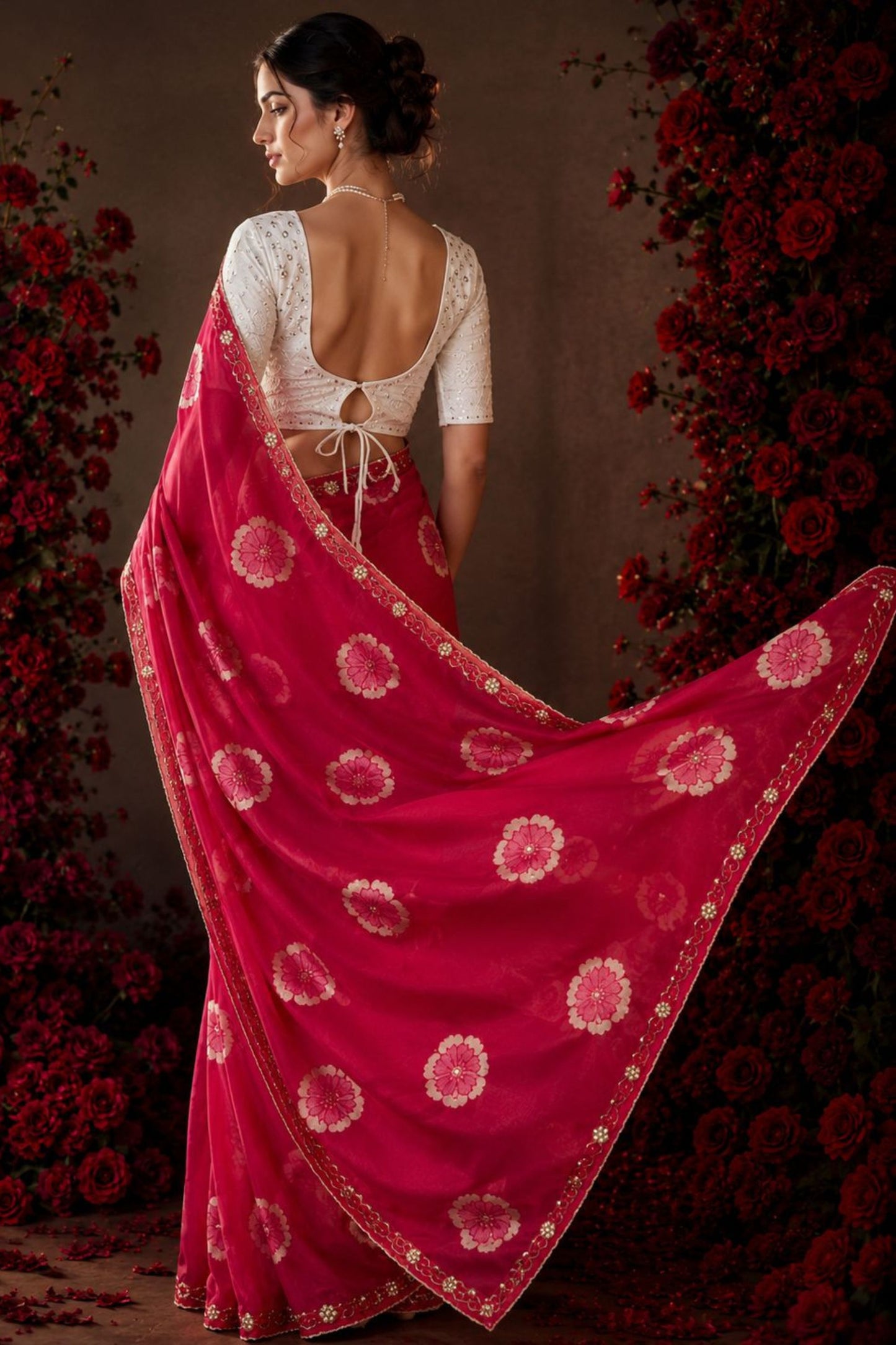 Vibrant Rani Pink Chiffon Floral Printed Saree Embroidery Work for Women