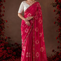 Vibrant Rani Pink Chiffon Floral Printed Saree Embroidery Work for Women