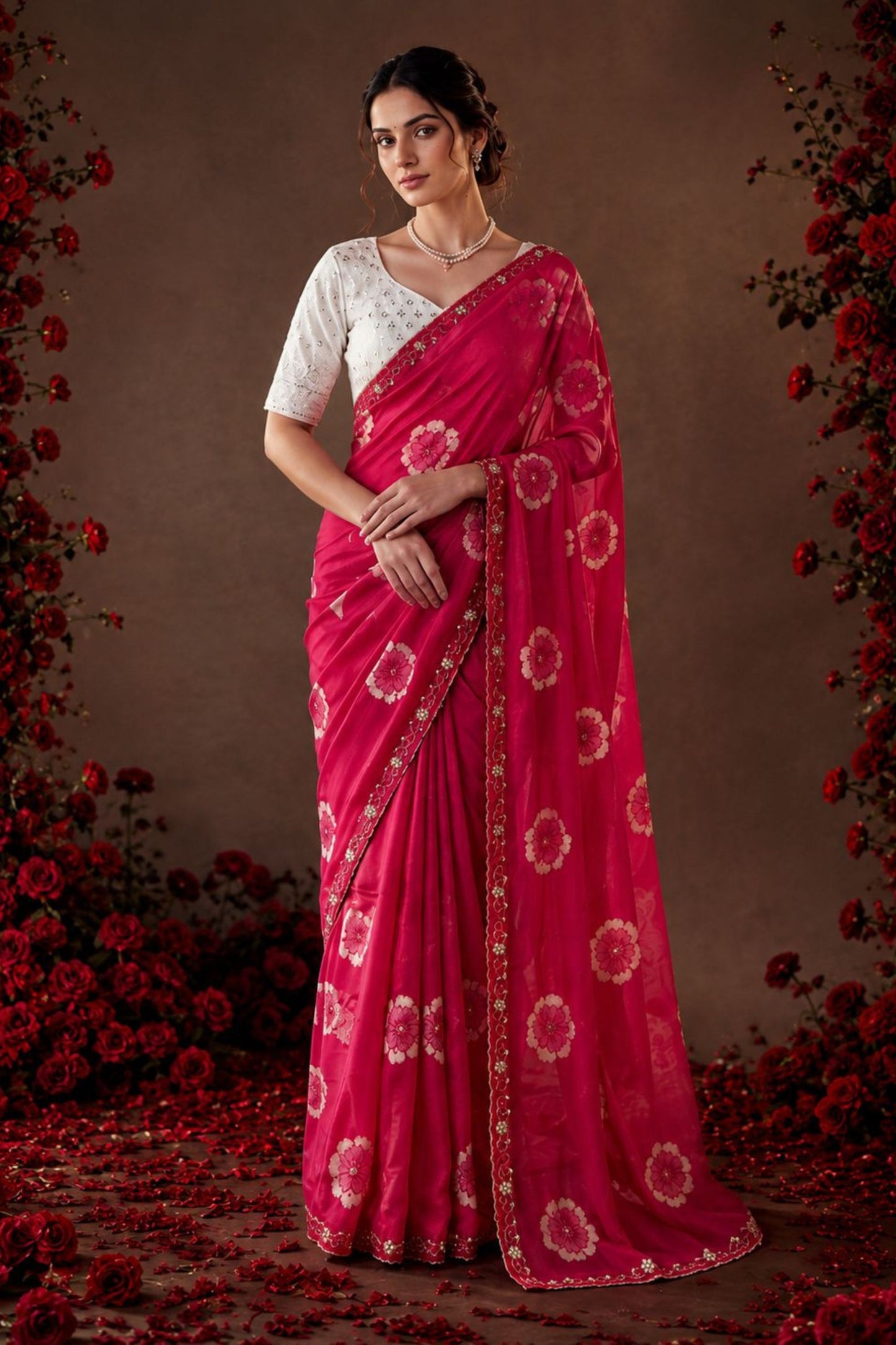 Vibrant Rani Pink Chiffon Floral Printed Saree Embroidery Work for Women