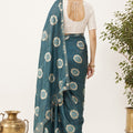 Stunning Teal Blue Floral Printed Saree Embroidery Work for Women