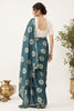 Stunning Teal Blue Floral Printed Saree Embroidery Work for Women