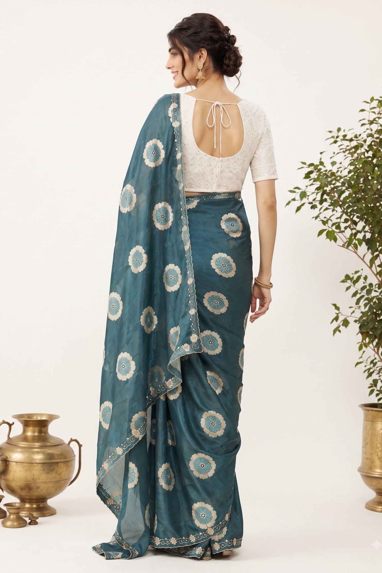 Stunning Teal Blue Floral Printed Saree Embroidery Work for Women