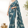 Stunning Teal Blue Floral Printed Saree Embroidery Work for Women