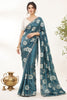 Stunning Teal Blue Floral Printed Saree Embroidery Work for Women