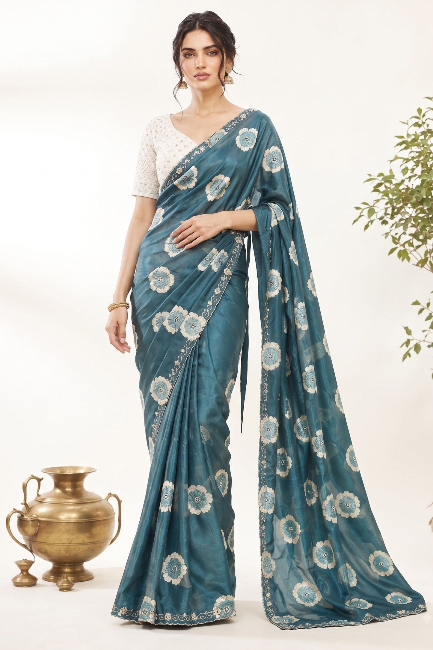 Stunning Teal Blue Floral Printed Saree Embroidery Work for Women