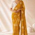 Stylish Mustard Yellow Floral Printed Saree Embroidery Work for Women