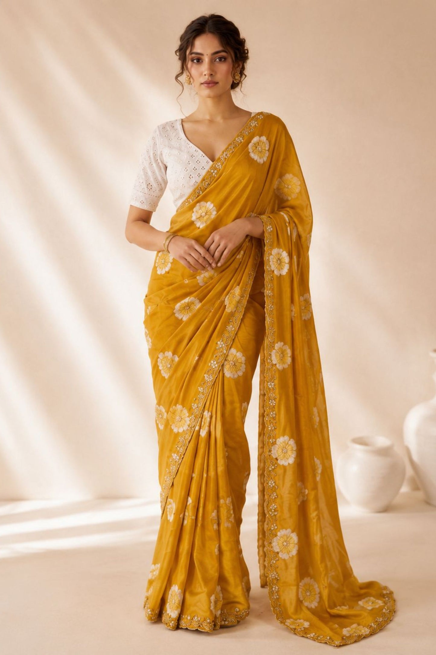 Stylish Mustard Yellow Floral Printed Saree Embroidery Work for Women