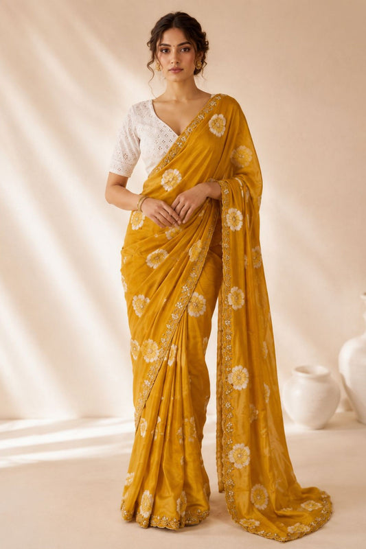 Stylish Mustard Yellow Floral Printed Saree Embroidery Work for Women