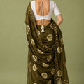 Graceful Olive Green Floral Printed Saree Embroidery Work for Women