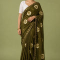 Graceful Olive Green Floral Printed Saree Embroidery Work for Women