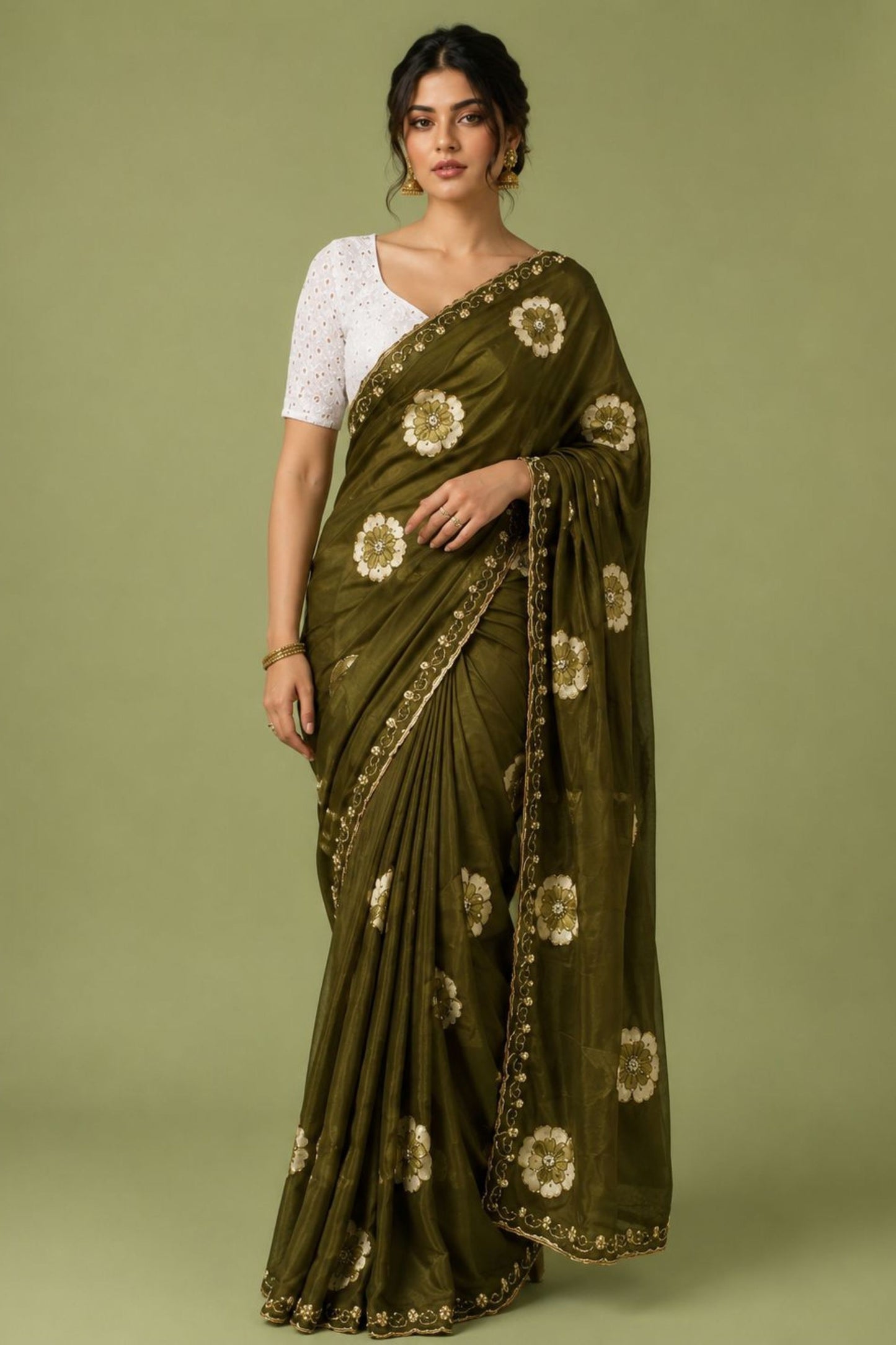 Graceful Olive Green Floral Printed Saree Embroidery Work for Women