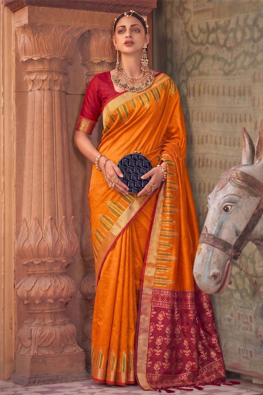 Graceful Orange Woven Designer Saree Traditional Border for Women