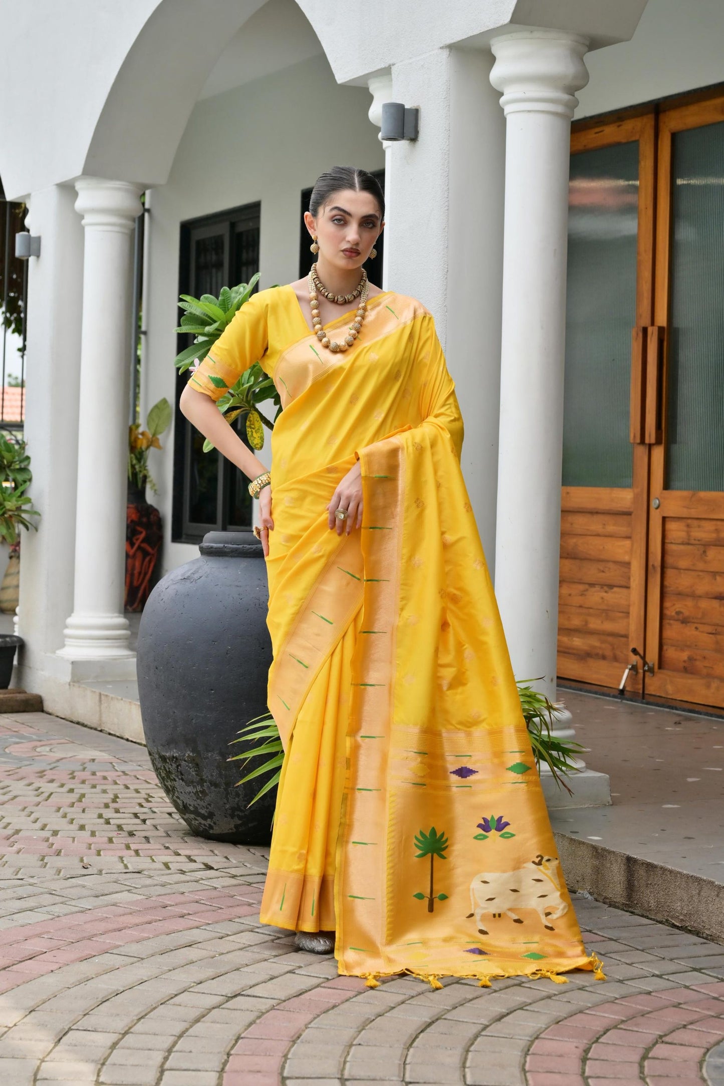 Premium Yellow Banarasi Silk Weaving Saree with Zari Border
