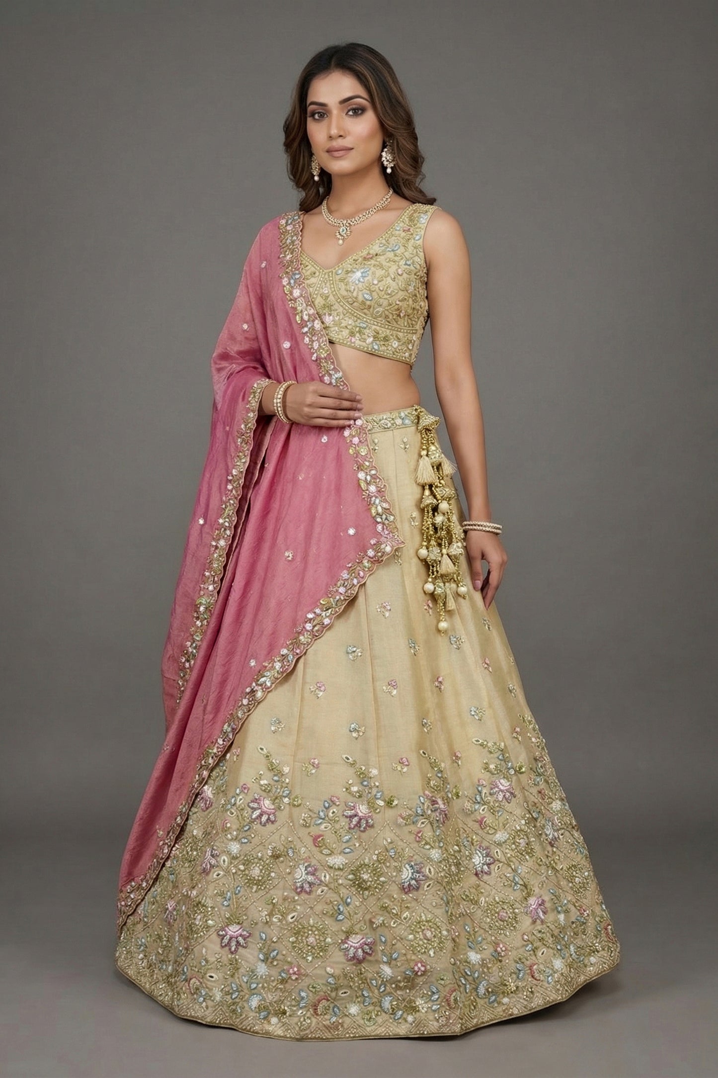 Elegant Beige Tissue Silk Embroidered Designer Lehenga Choli with Pink Dupatta for Wedding