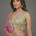 Elegant Beige Tissue Silk Embroidered Designer Lehenga Choli with Pink Dupatta for Wedding