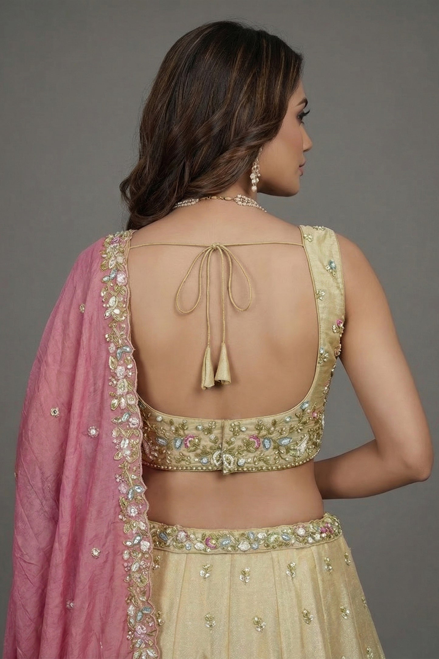 Elegant Beige Tissue Silk Embroidered Designer Lehenga Choli with Pink Dupatta for Wedding