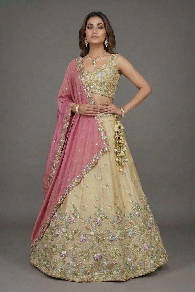 Elegant Beige Tissue Silk Embroidered Designer Lehenga Choli with Pink Dupatta for Wedding