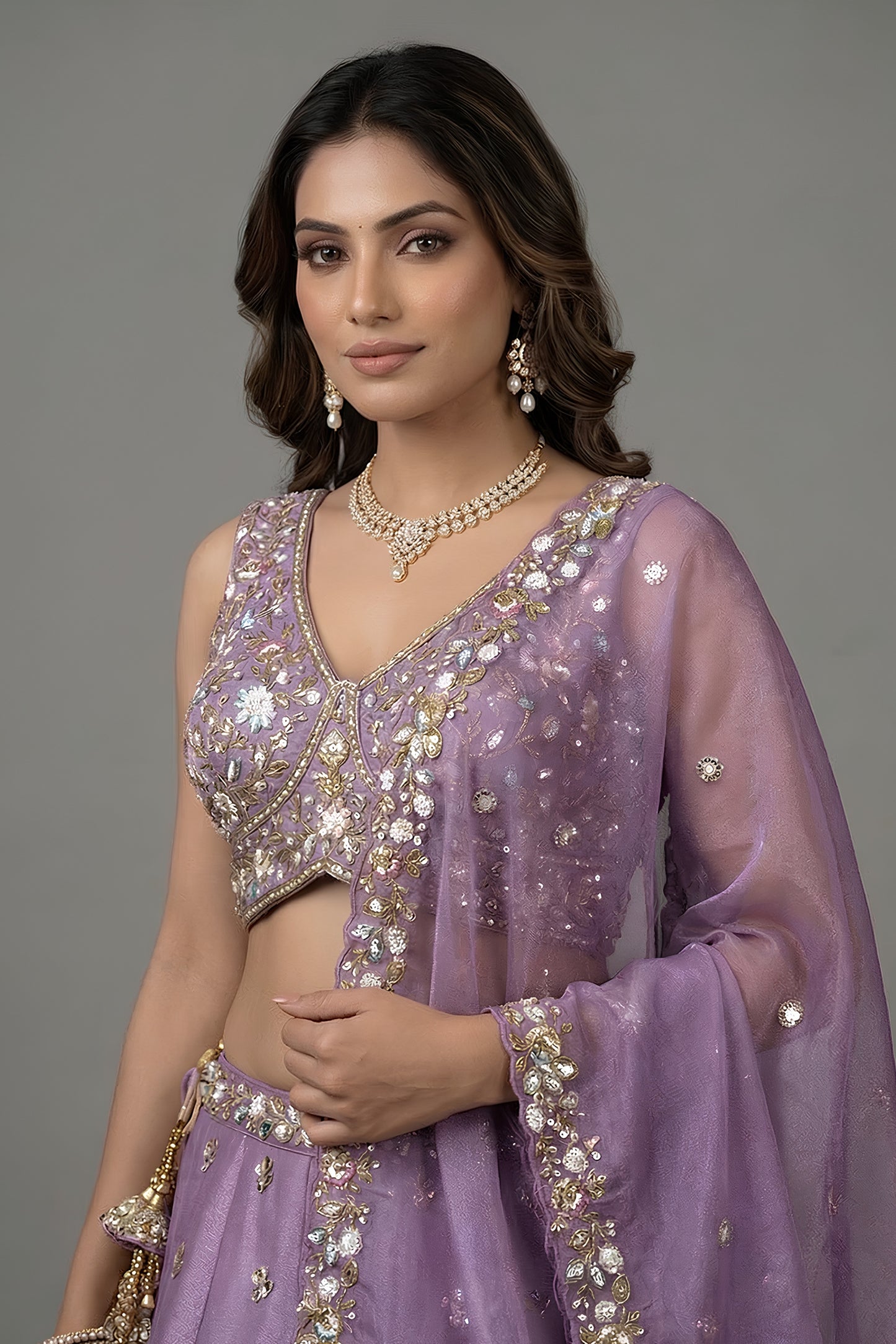 Stylish Lavender Tissue Silk Embroidered Designer Lehenga Choli with Dupatta for Wedding