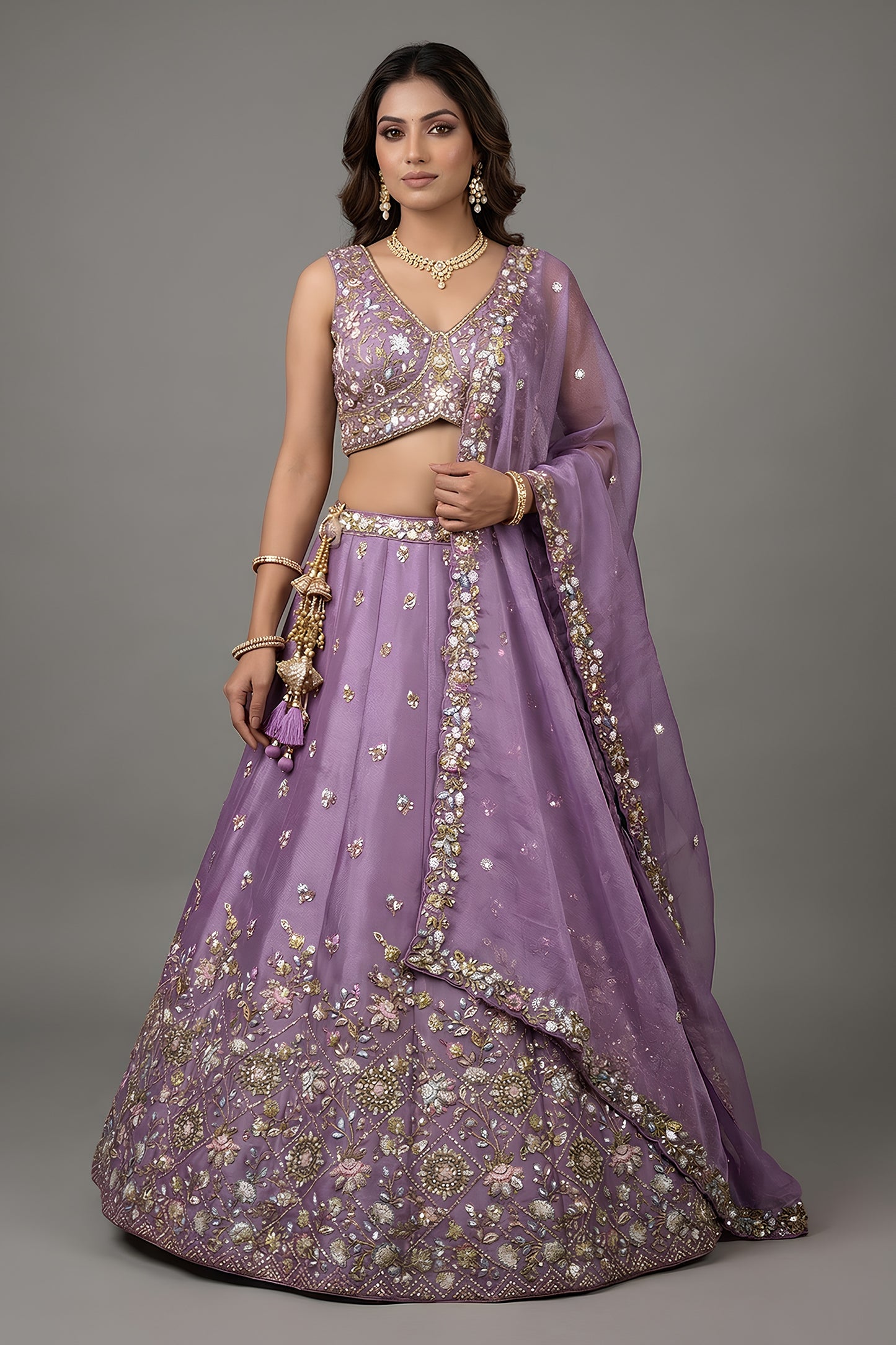 Stylish Lavender Tissue Silk Embroidered Designer Lehenga Choli with Dupatta for Wedding