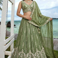 Refreshing Olive Green Chiffon Embroidered Designer Lehenga Choli with Dupatta for Wedding