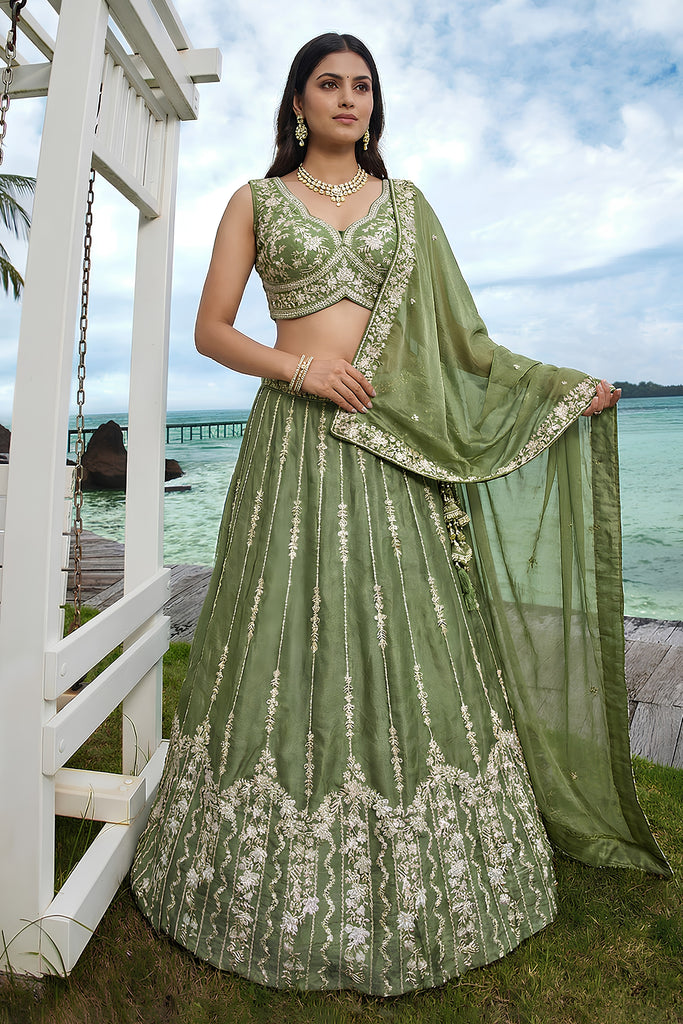 Refreshing Olive Green Chiffon Embroidered Designer Lehenga Choli with Dupatta for Wedding