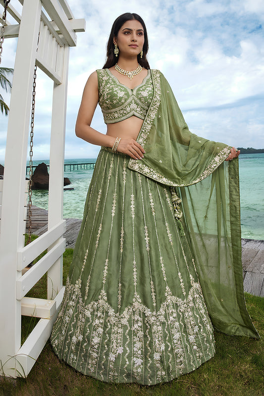 Refreshing Olive Green Chiffon Embroidered Designer Lehenga Choli with Dupatta for Wedding