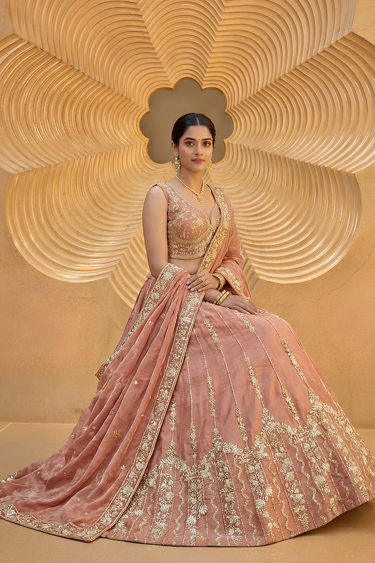 Lovely Peach Pink Embroidered Designer Lehenga Choli with Dupatta for Wedding
