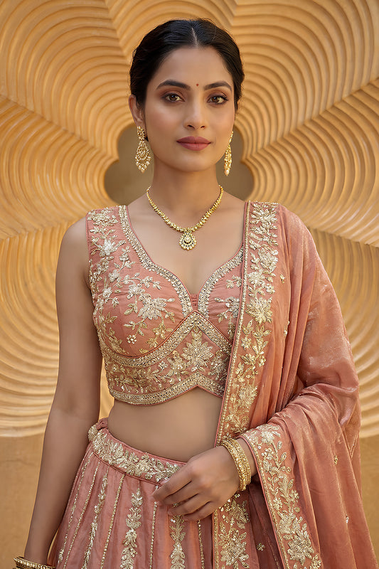 Lovely Peach Pink Embroidered Designer Lehenga Choli with Dupatta for Wedding