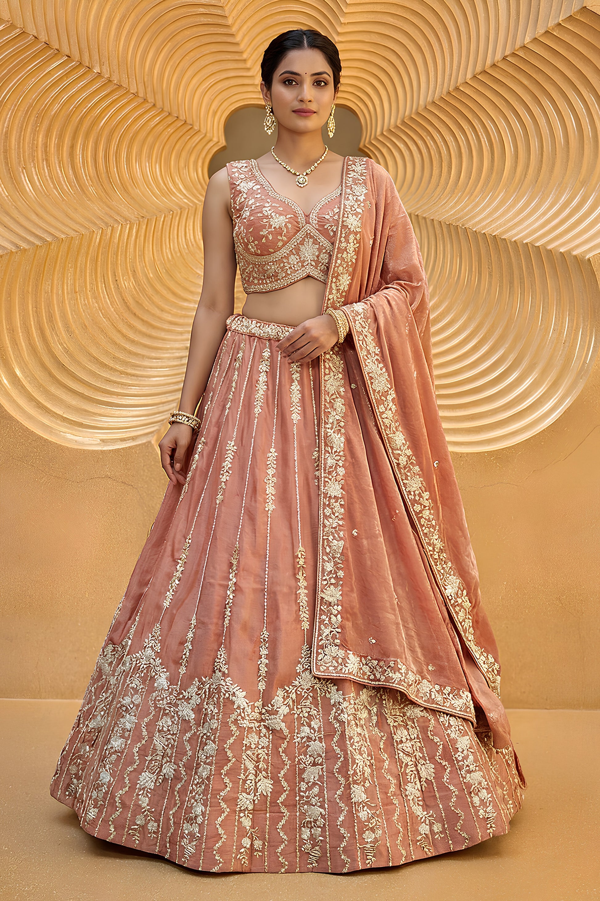 Lovely Peach Pink Embroidered Designer Lehenga Choli with Dupatta for Wedding