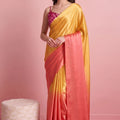 Stunning Yellow Satin Pedding Saree Printed Blouse for Women