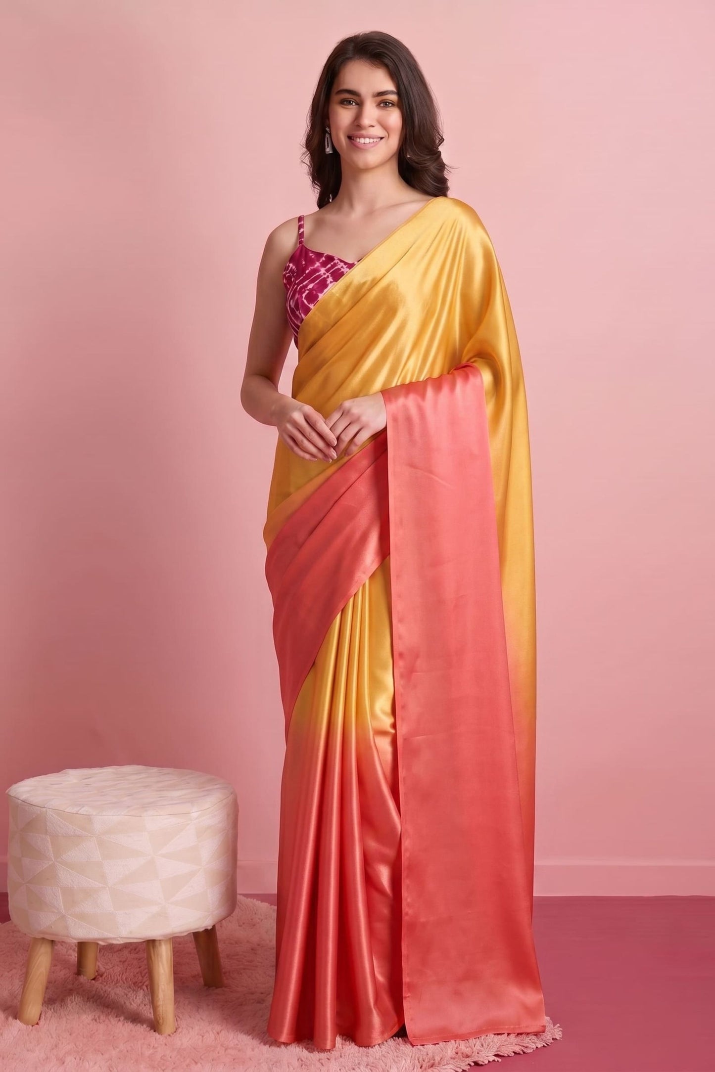 Stunning Yellow Satin Pedding Saree Printed Blouse for Women