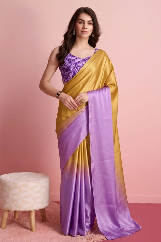 Stylish Lavender Satin Pedding Saree Printed Blouse for Women