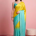 Vibrant Teal Blue Satin Pedding Saree Printed Blouse for Women