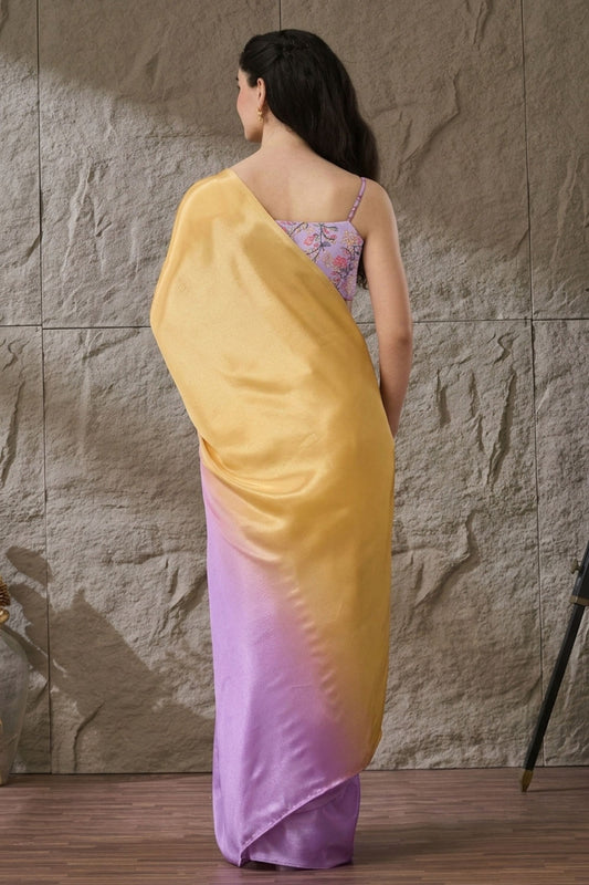 Premium Lavender Satin Saree Floral Printed Blouse for Women