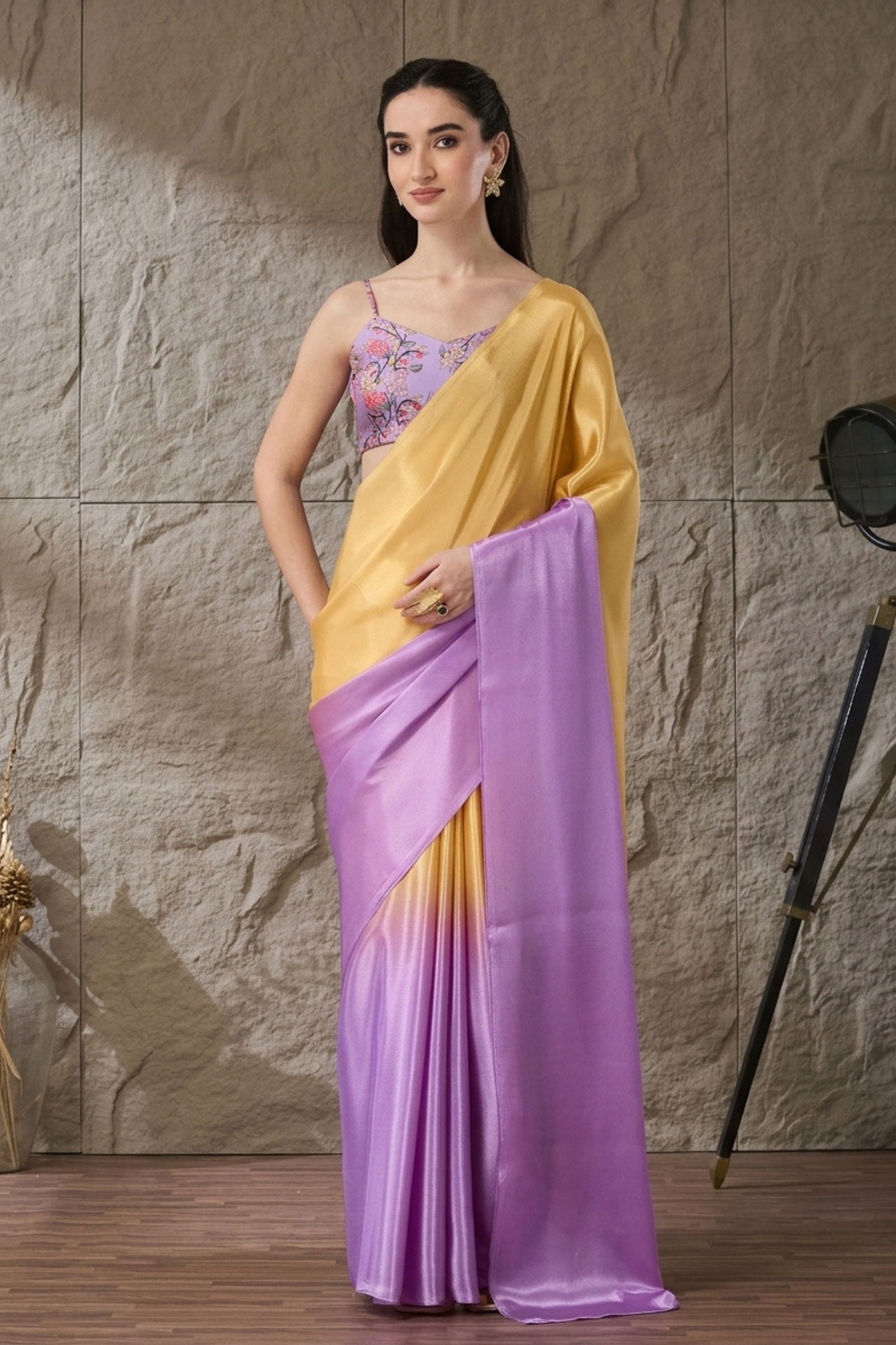 Premium Lavender Satin Saree Floral Printed Blouse for Women