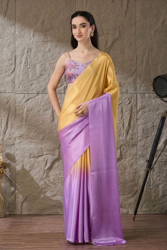 Premium Lavender Satin Saree Floral Printed Blouse for Women