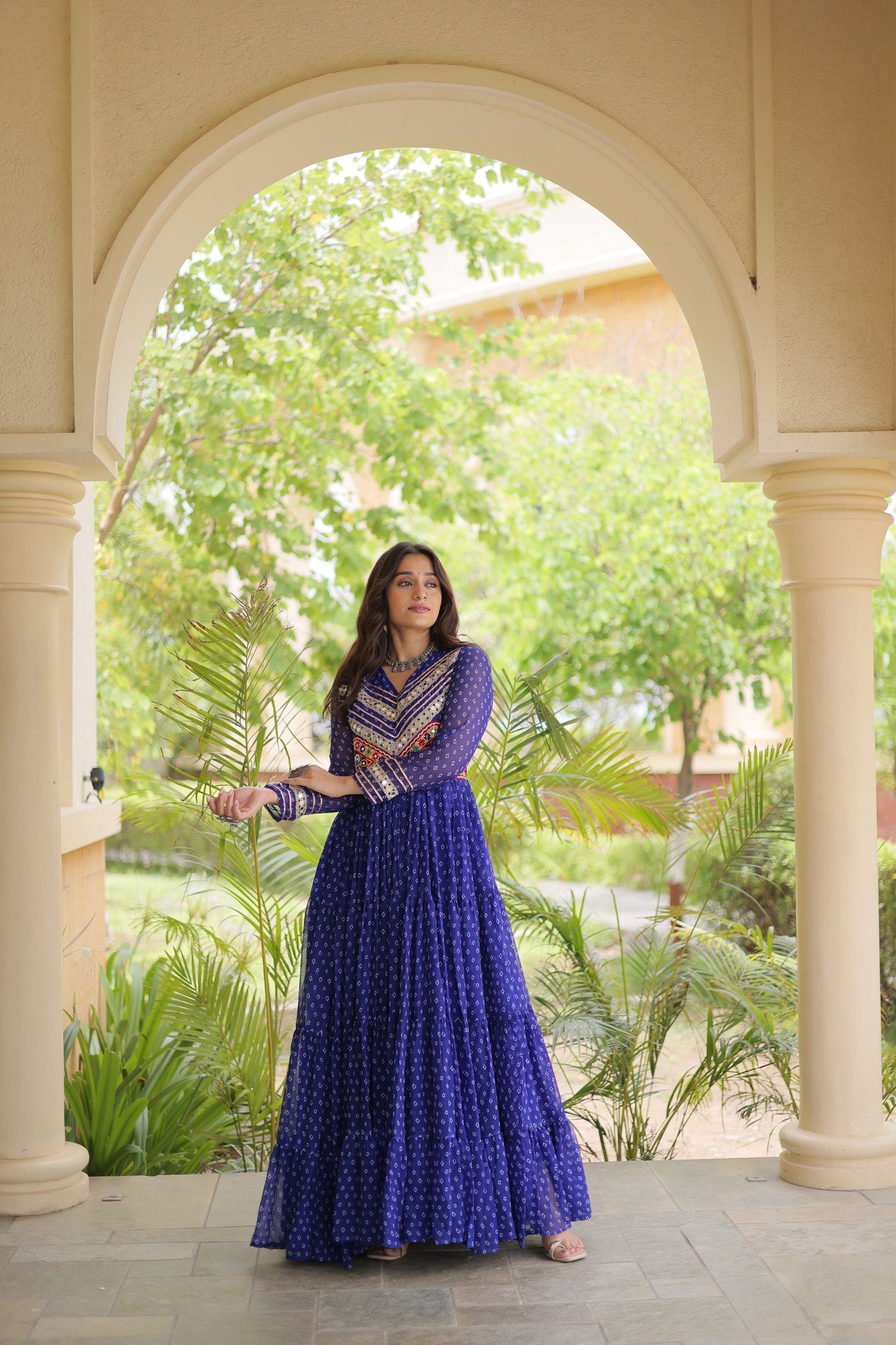 Elegant Navy Blue Faux Georgette Bandhani Printed Designer Gown with Kutchi Patch Work
