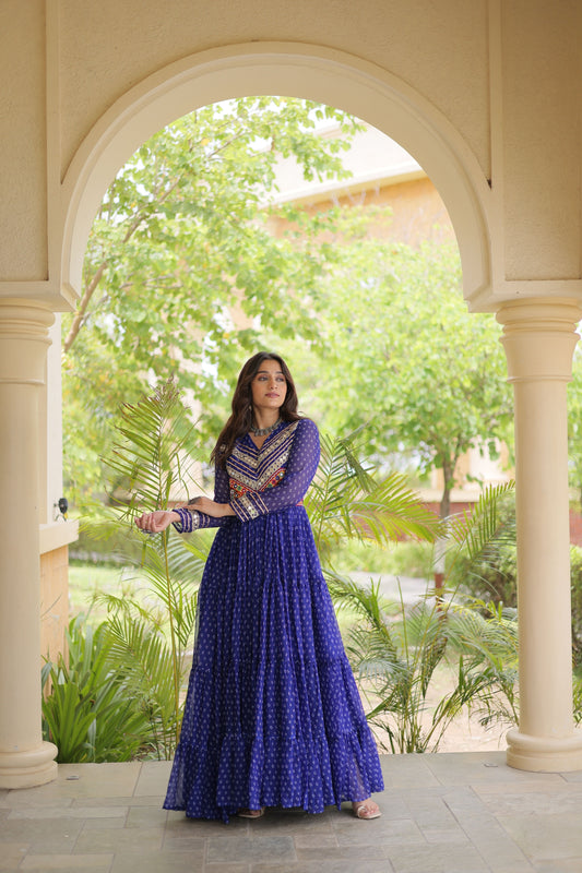 Elegant Navy Blue Faux Georgette Bandhani Printed Designer Gown with Kutchi Patch Work