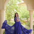 Elegant Navy Blue Faux Georgette Bandhani Printed Designer Gown with Kutchi Patch Work